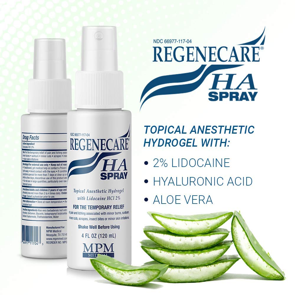 Regenecare HA Hydrogel Spray label closeup highlighting moisturizing ingredients
