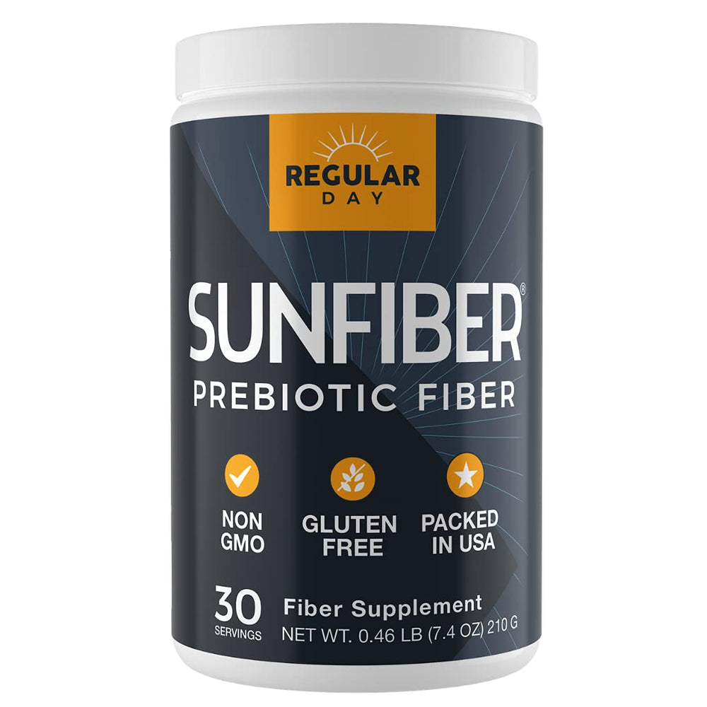 REGULAR DAY Sunfiber bottle closeup, gluten-free prebiotic fiber for gentle daily support.