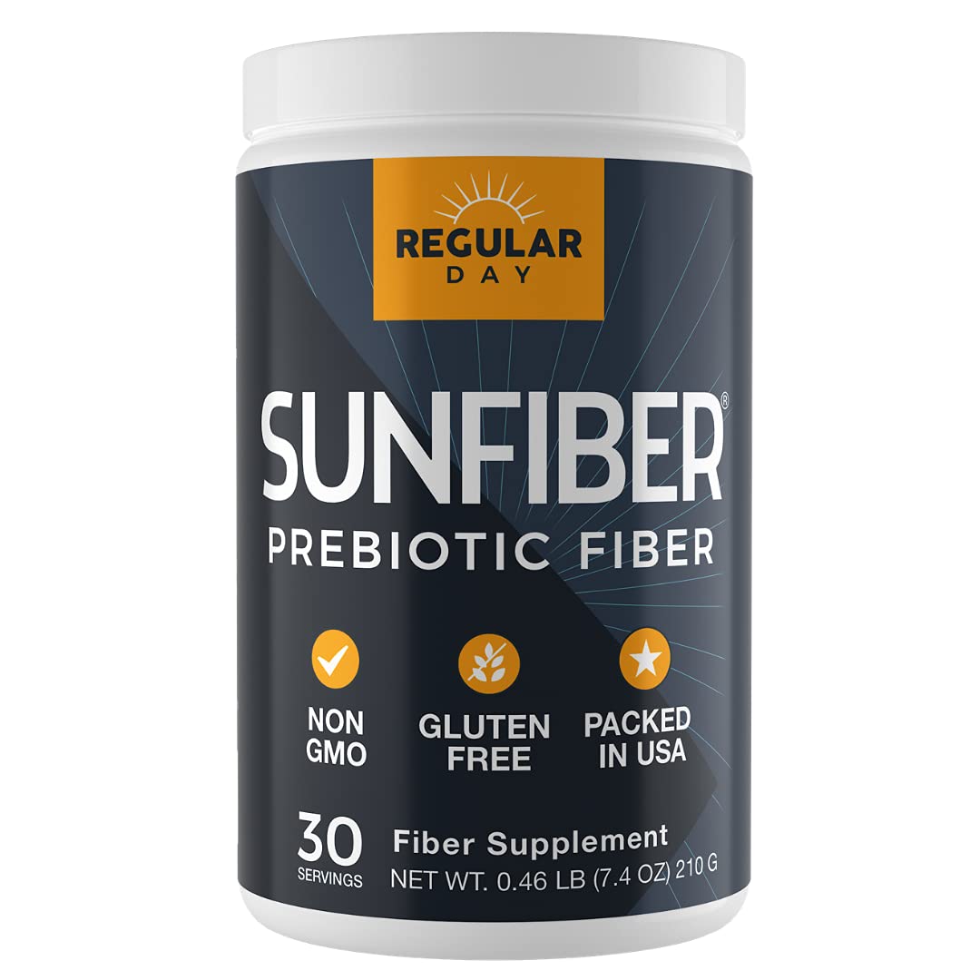 REGULAR DAY Sunfiber bottle closeup, gluten-free prebiotic fiber for gentle daily support.