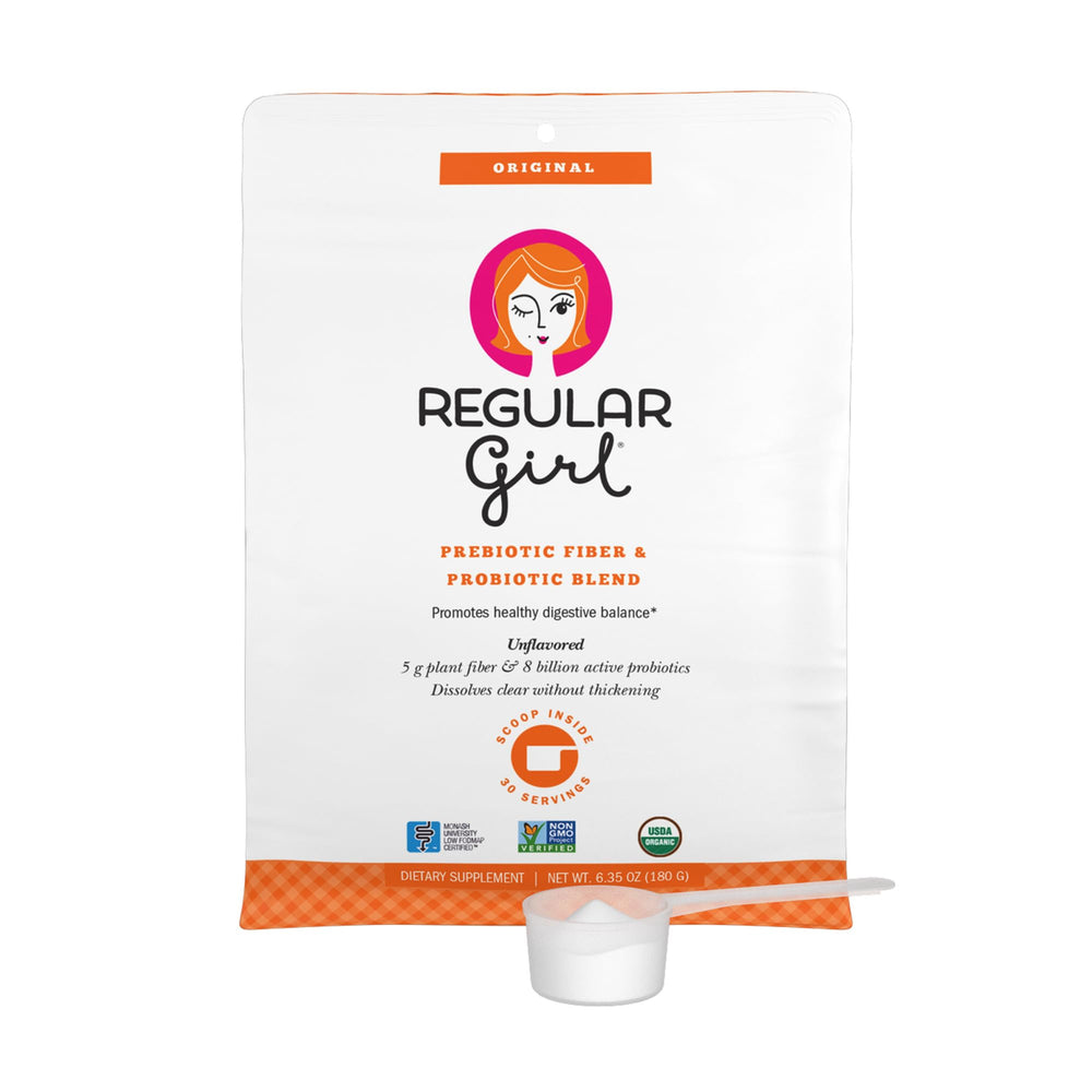 Regular Girl Organic Powder bottle pour demonstrating easy daily use and gentle digestion support
