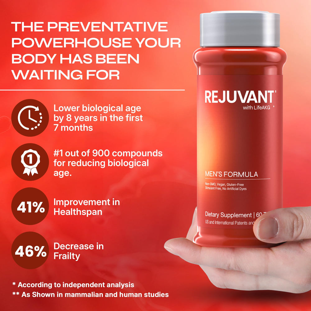Rejuvant AKG Longevity active-male lifestyle image suggests daily vitality.