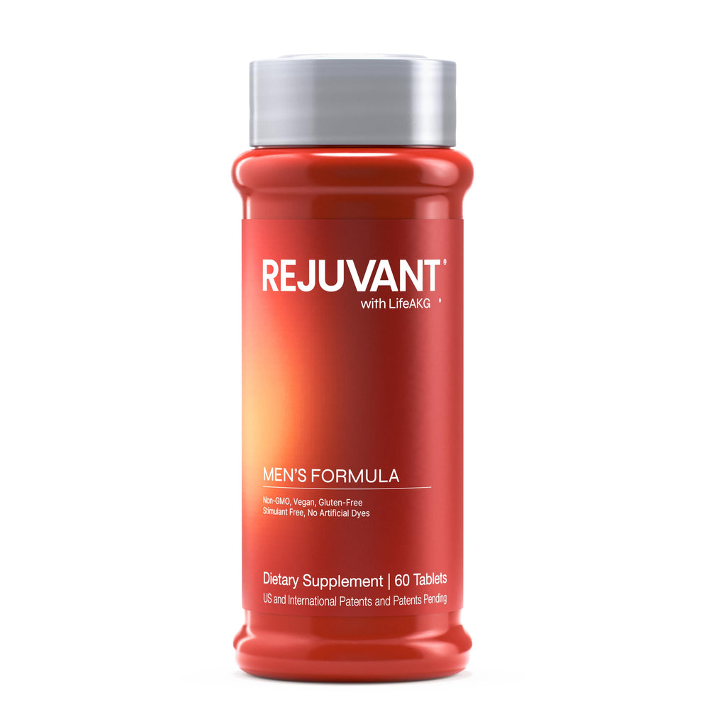 Rejuvant AKG Longevity bottle front view with coated tablets for steady daily energy.