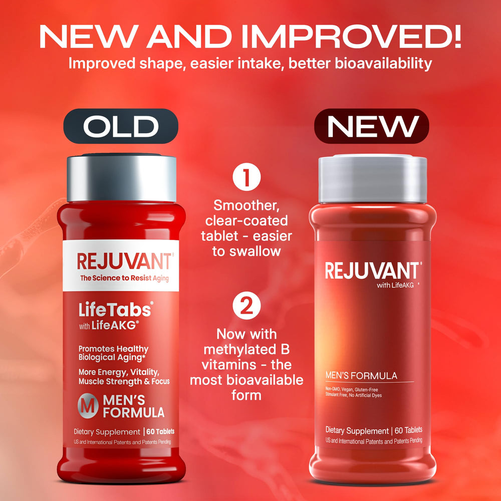Rejuvant AKG Longevity coated tablet close-up highlights ultra-pure formula and smooth swallow.