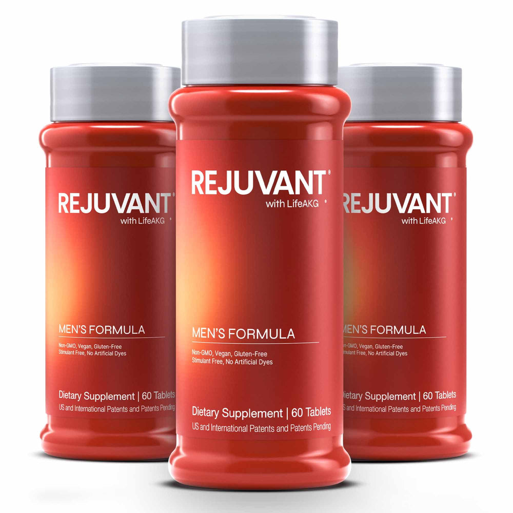 Rejuvant Men's AKG Longevity bottle front showing easy-to-swallow coated tablets for daily energy