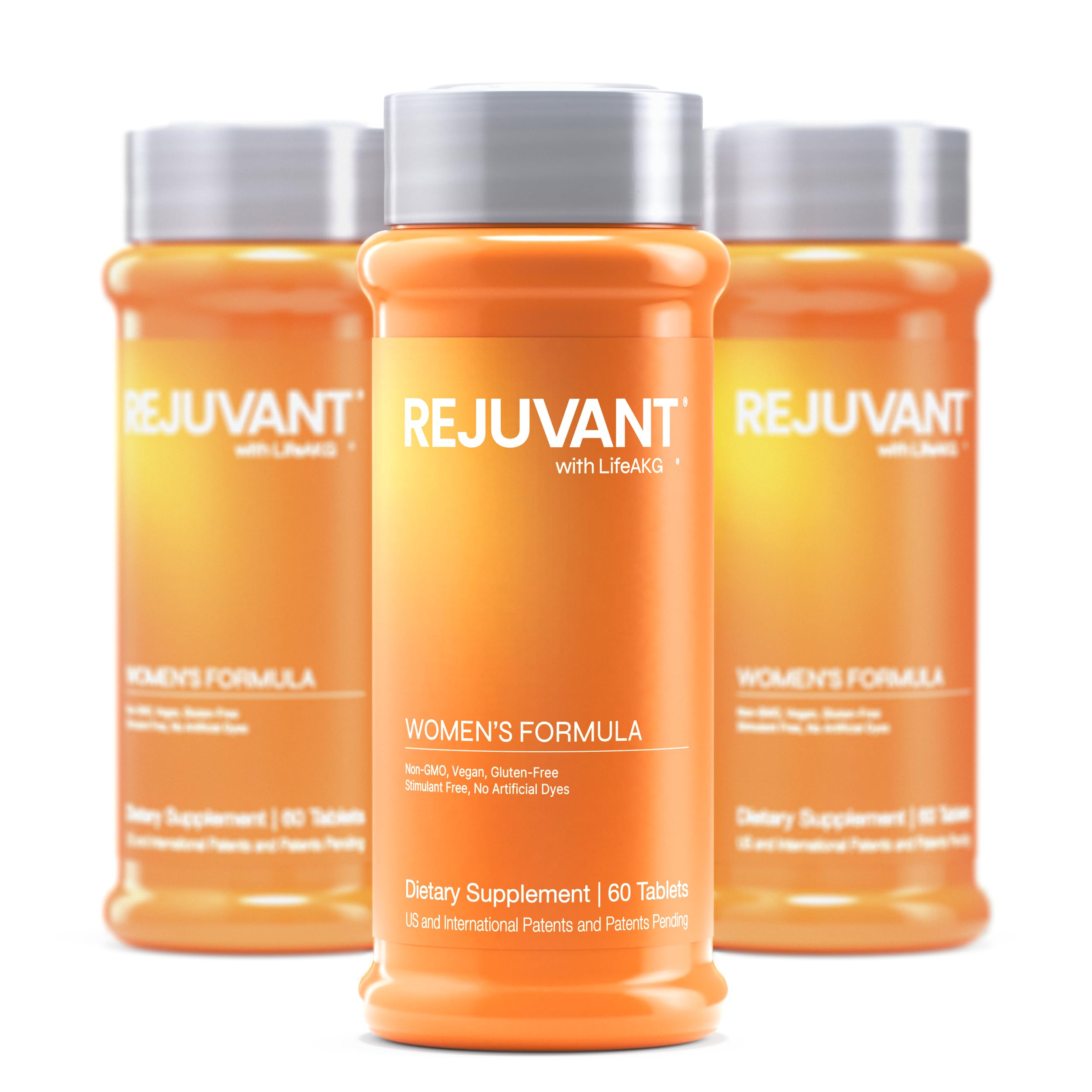 Rejuvant Women's AKG Longevity bottle showing tablets for daily vitality.