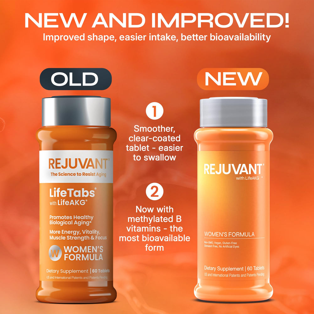 Rejuvant Women's AKG Longevity tablets with clear coating for easy swallowing.