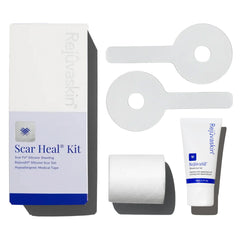 Rejuvaskin lollipop-pair silicone sheets applied to a breast scar for hydration and compression.