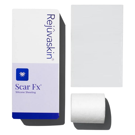 Rejuvaskin Scar Fx silicone sheet packaging shown for discreet scar care