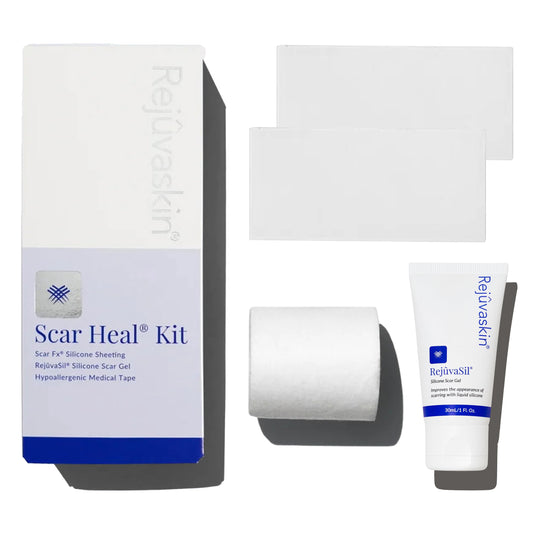 Rejuvaskin Scar Heal Kit silicone sheets cover small scars for overnight hydration.