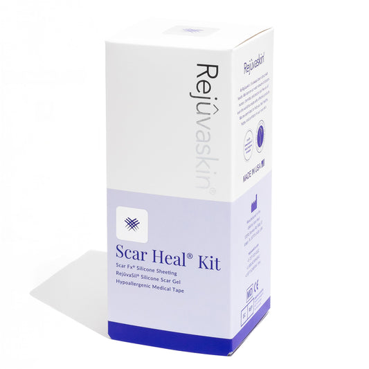 Rejuvaskin Scar Heal Kit silicone sheet covers a long scar for overnight hydration.