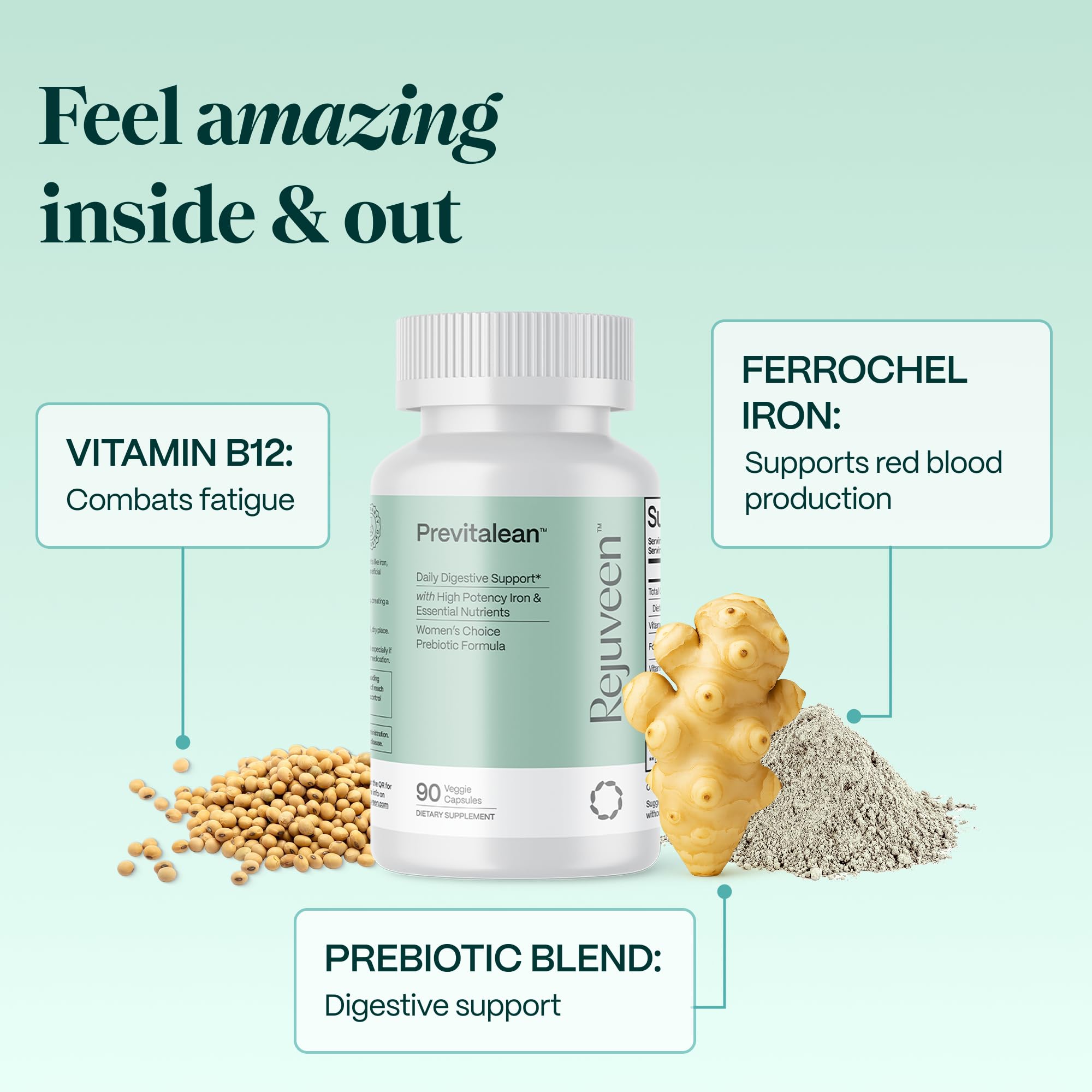 Rejuveen Previtalean iron bottle emphasizes Ferrochel iron for absorption.