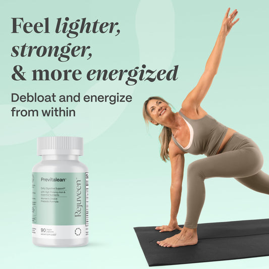 Rejuveen Previtalean label closeup highlights ingredients for gut wellness.
