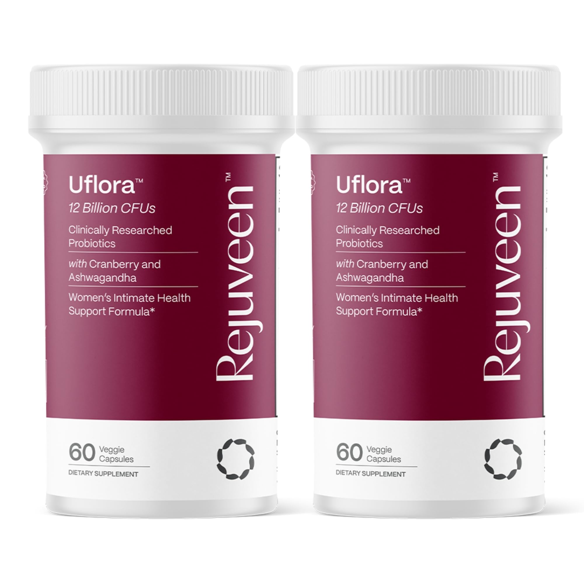 Rejuveen Uflora bottle close-up highlighting vaginal health and moisture support.
