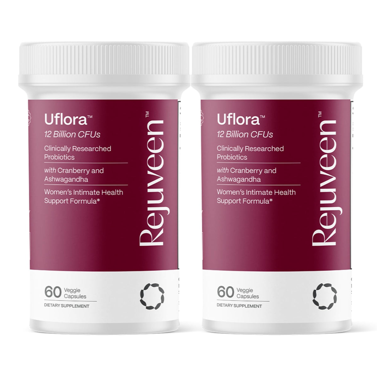 Rejuveen Uflora bottle close-up highlighting vaginal health and moisture support.