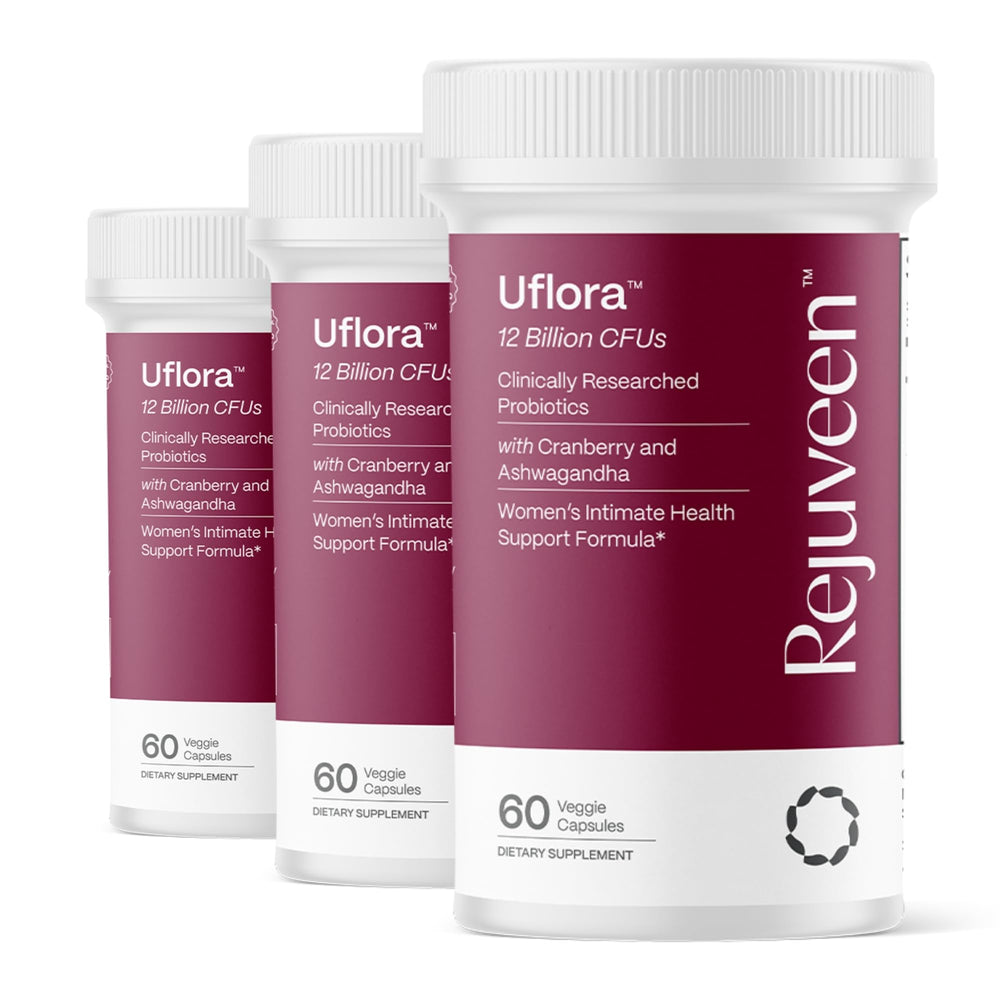 Rejuveen Uflora Vaginal Probiotics bottle front showing capsules for daily vaginal health support.
