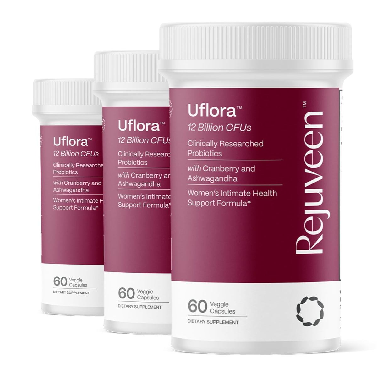 Rejuveen Uflora Vaginal Probiotics bottle front showing capsules for daily vaginal health support.