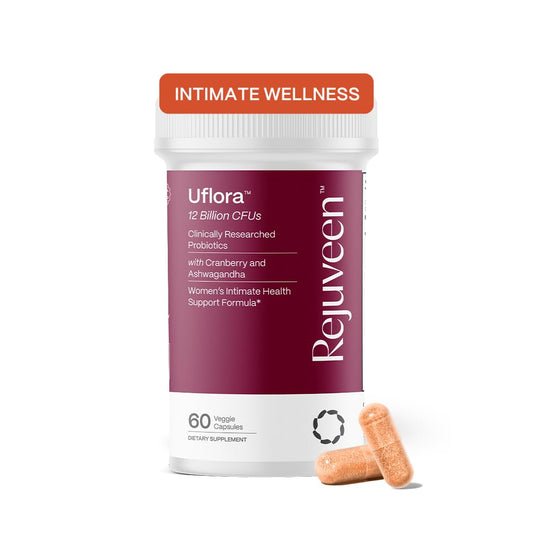 rejuveen uflora bottle front shows 12 billion cfu probiotic blend for vaginal health