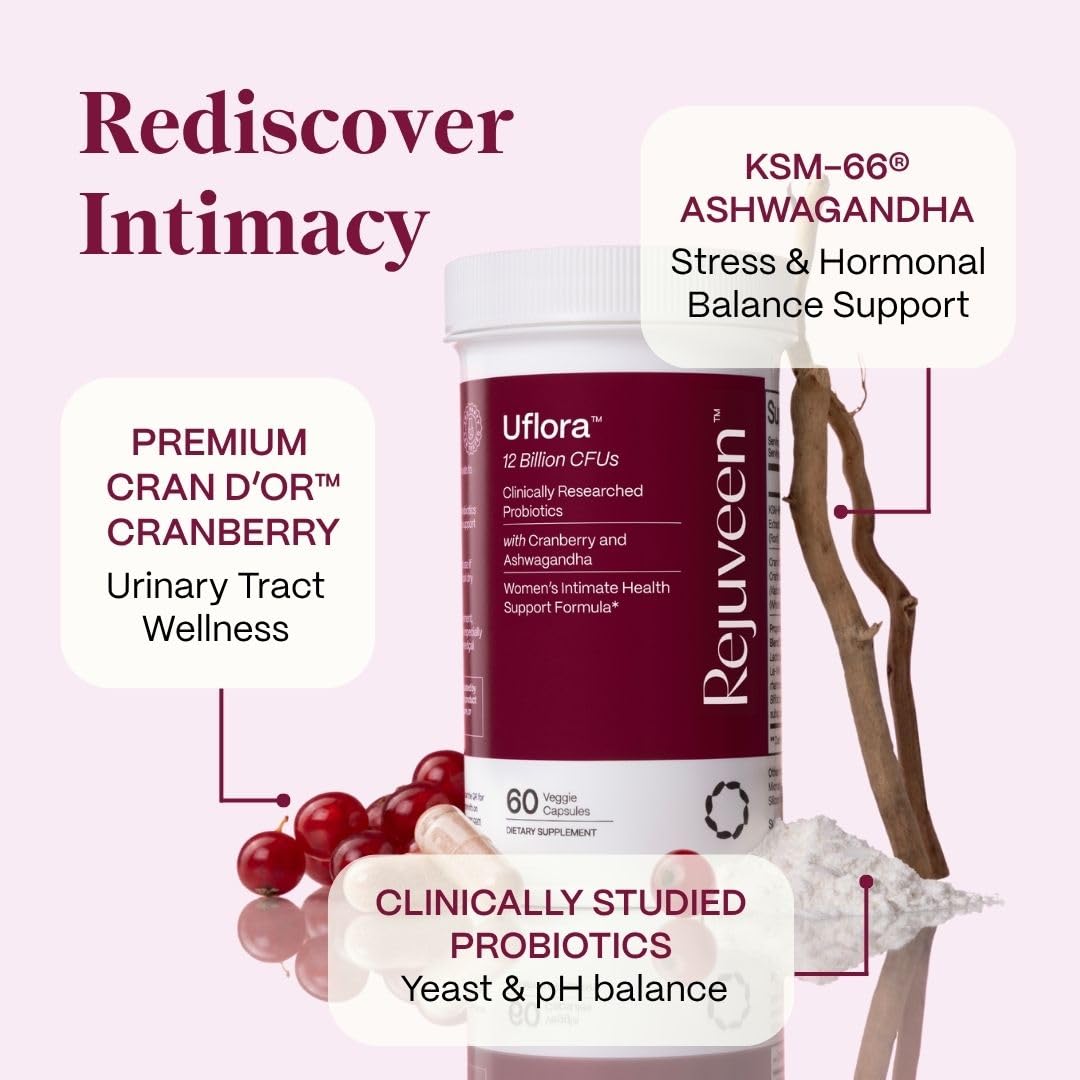 Rejuveen Uflora Vaginal Probiotics Cranberry extract label signaling urinary wellness features.