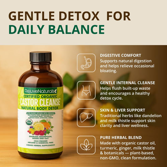 RejuveNaturals Castor Cleanse bottle front showcasing organic formulation for daily balance