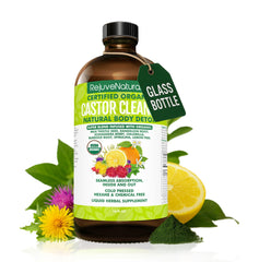 RejuveNaturals Castor Cleanse oil being poured for gentle detox and daily balance