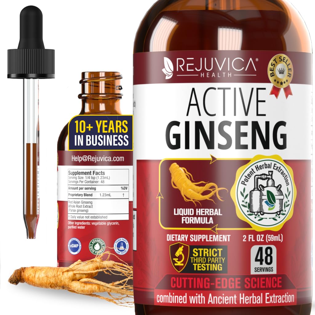 Rejuvica Health Active Ginseng bottle showing the premium liquid formula for daily energy