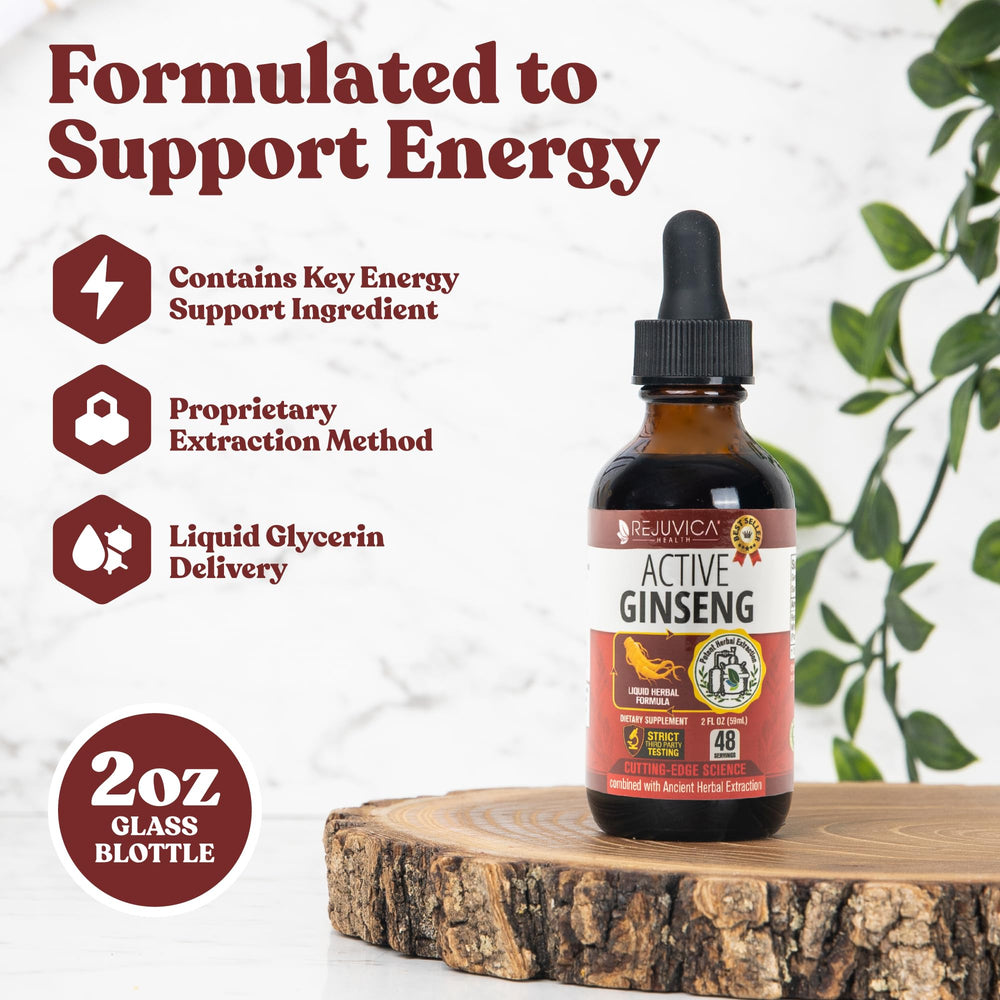 Rejuvica Health Active Ginseng dropper ready for easy dosing on tongue