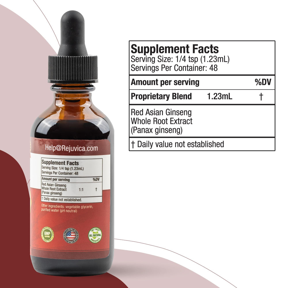 Alcohol-free extraction badge on Rejuvica Health Active Ginseng packaging