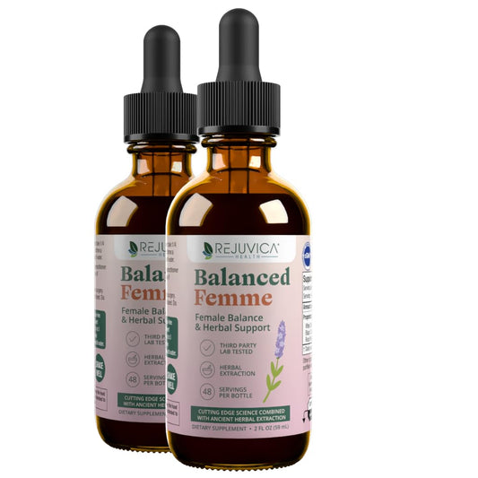 Rejuvica Health Balanced Femme liquid bottle for convenient daily menopause support.