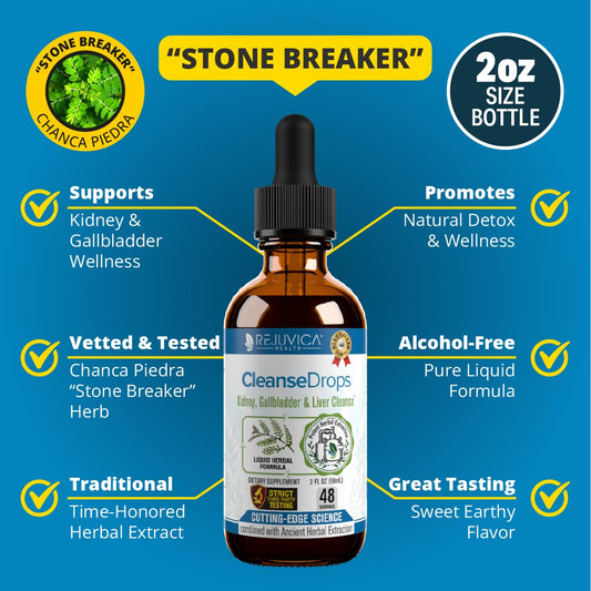 Rejuvica Health Cleanse Drops bottle label highlights natural ingredients and alcohol-free formula.