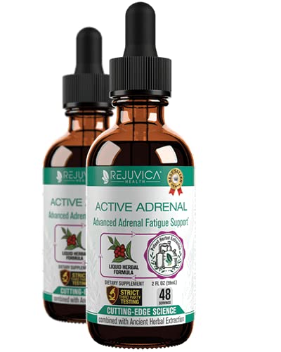 Rejuvica Health Active Adrenal bottle closeup highlighting premium herbal formula for adrenal support.