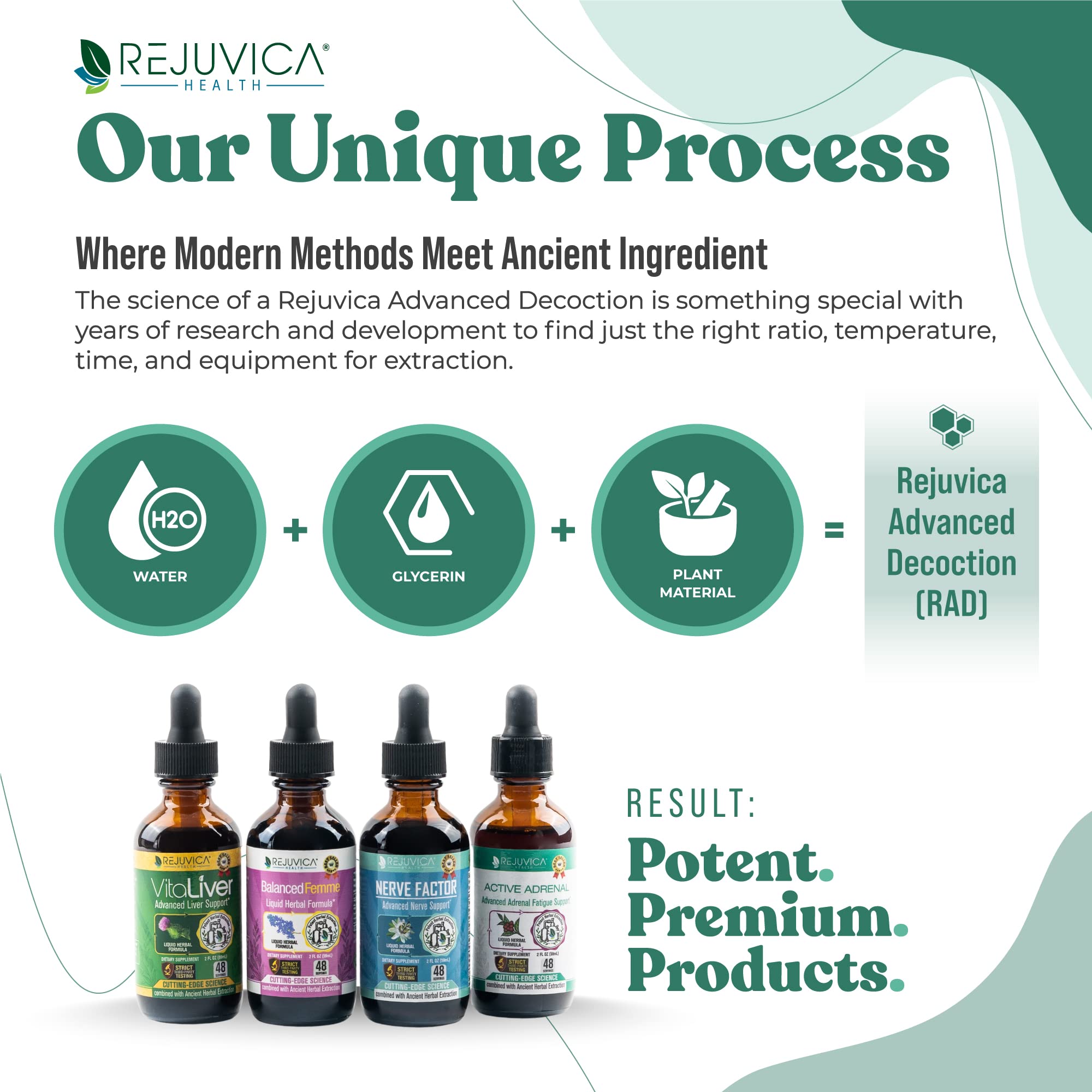 Rejuvica Health Active Adrenal label close-up featuring Ashwagandha, Holy Basil, Rhodiola.