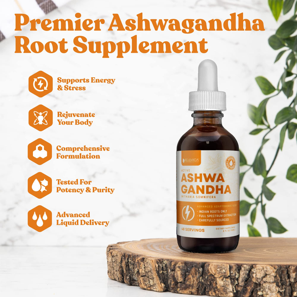 Rejuvica Health Active Ashwagandha drops pouring, emphasizing fast-acting liquid for calm moments.