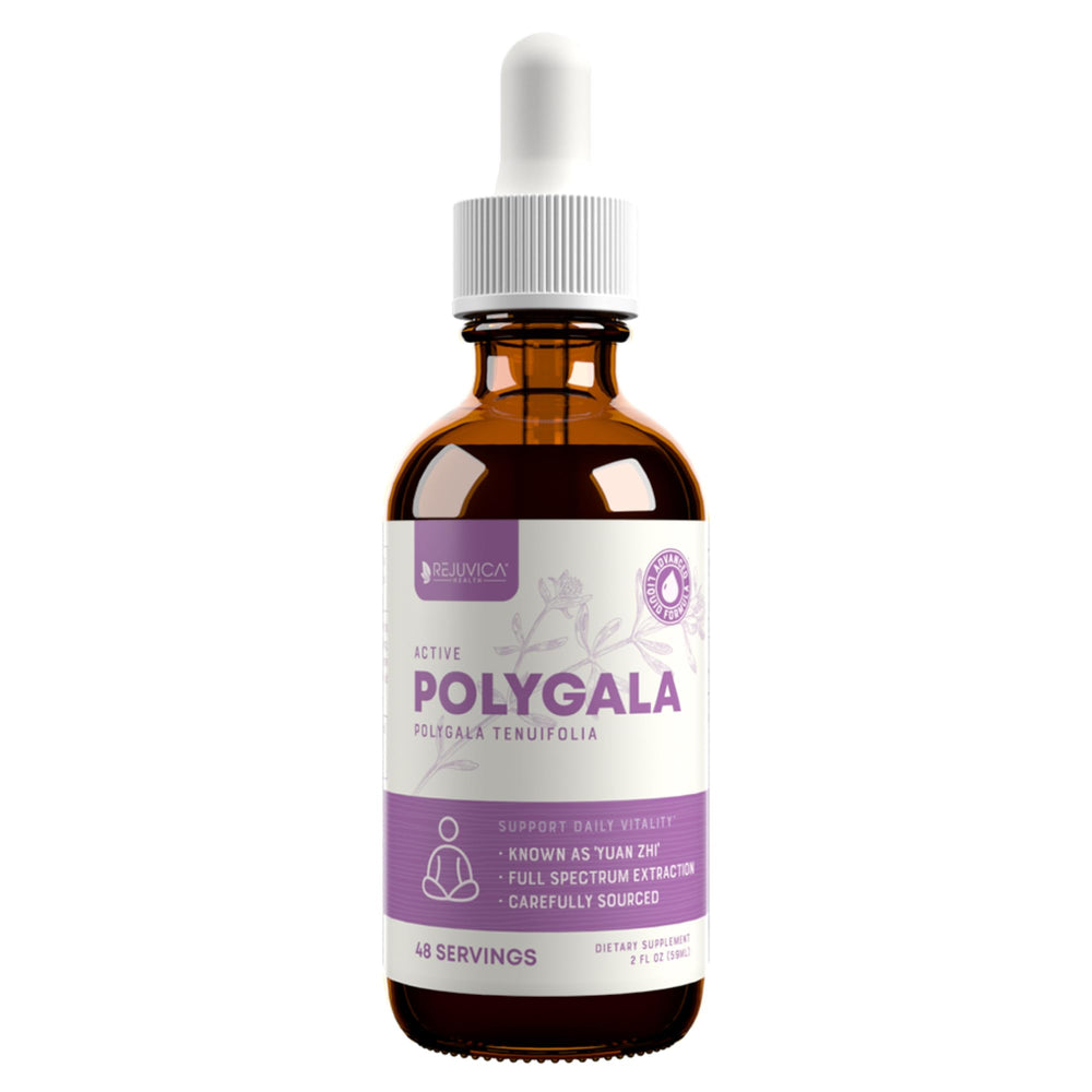 Rejuvica Health Active Polygala liquid bottle being poured for quick daily use