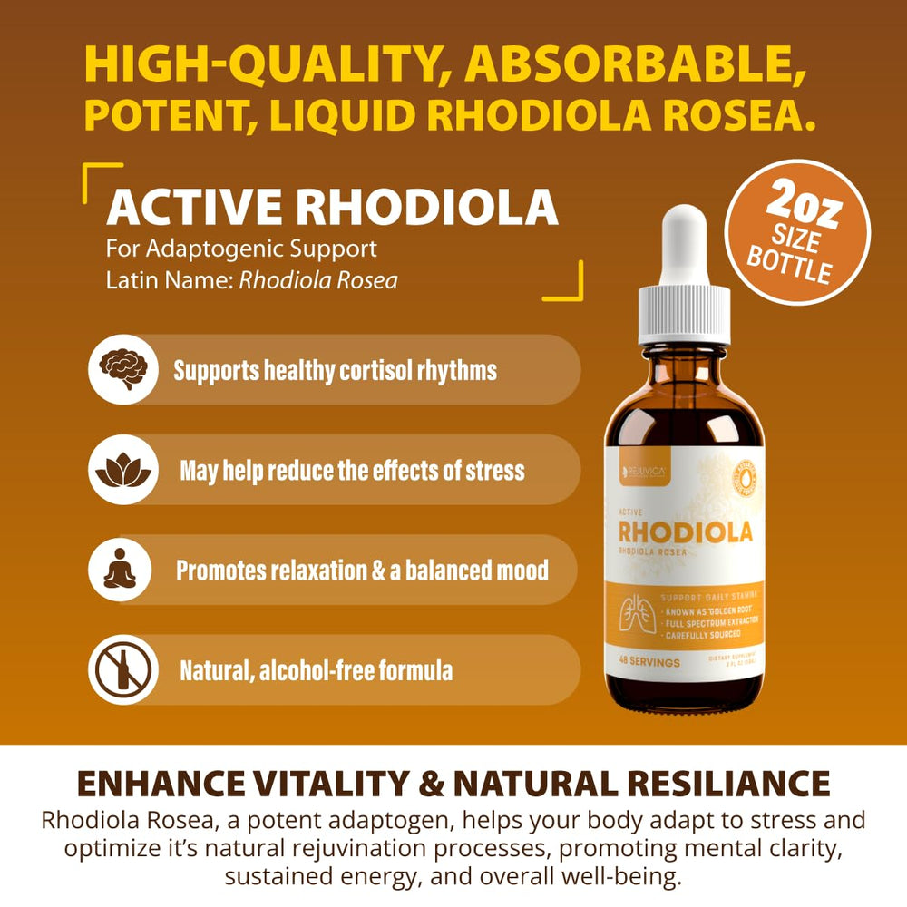 Rejuvica Health Active Rhodiola label closeup showcases premium roots and rosavins