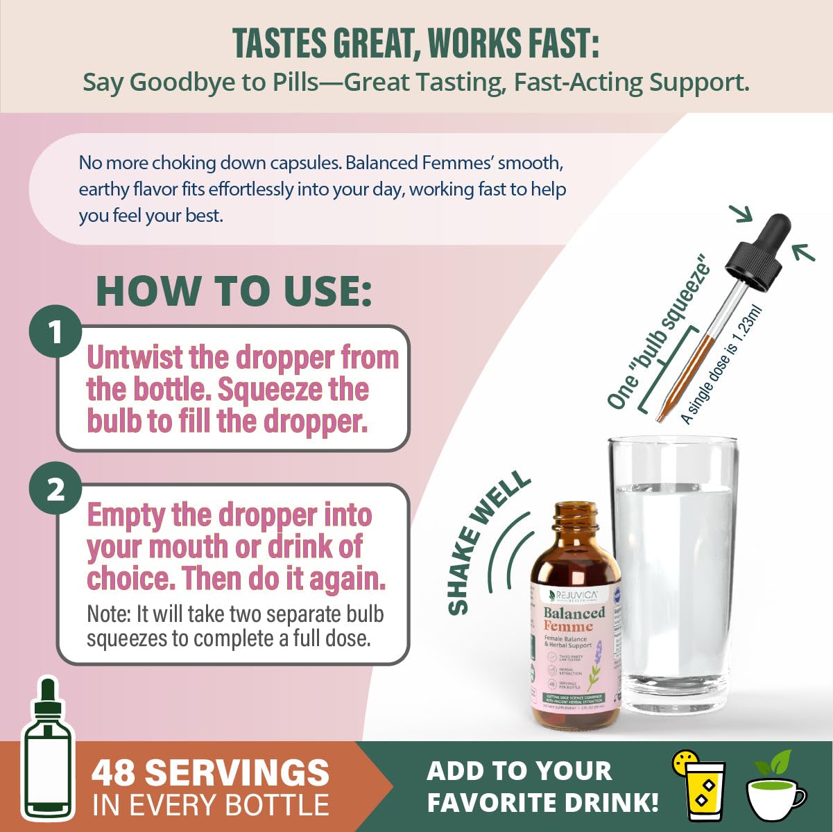 Rejuvica Health Balanced Femme alcohol-free extraction preserves delicate herbs and potency.