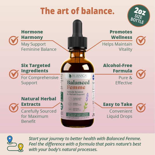 Rejuvica Health Balanced Femme dropper close-up for easy, alcohol-free dosing.