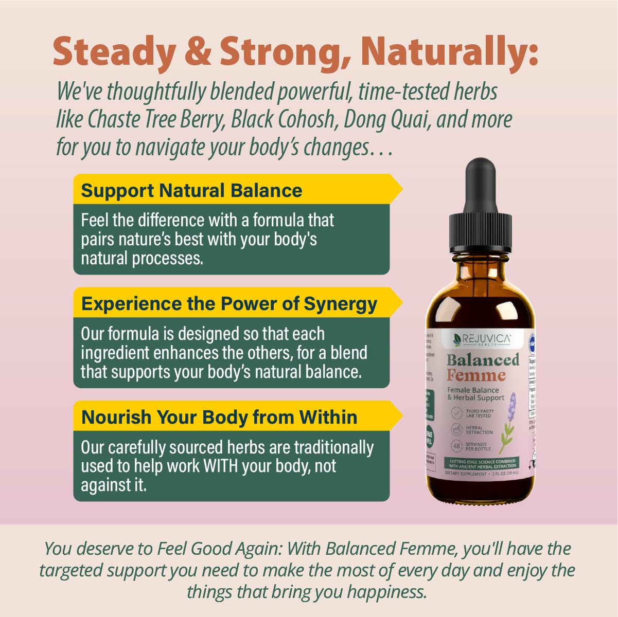 Rejuvica Health Balanced Femme ingredient blend showing Vitex, Dong Quai, Black Cohosh.