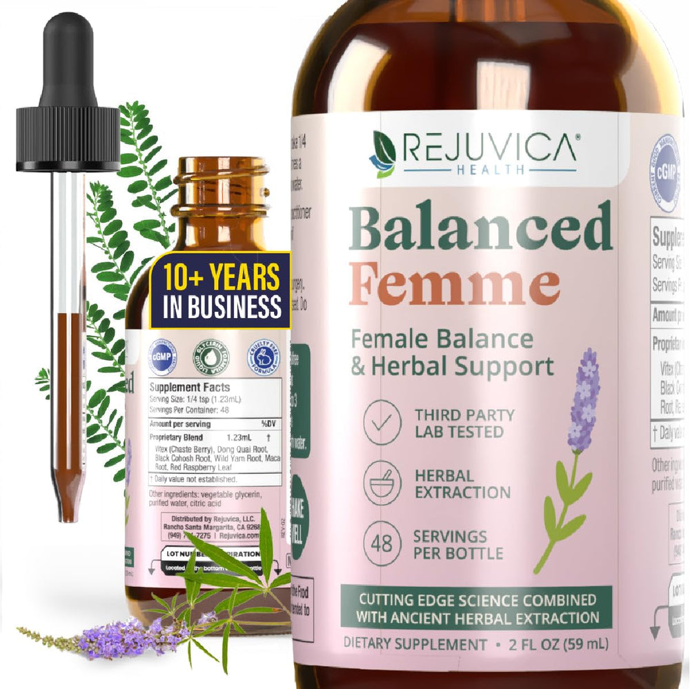 Rejuvica Health Balanced Femme bottle with dropper provides easy, alcohol-free liquid delivery.