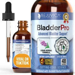 Rejuvica Health BladderPro bottle label showing natural bladder support ingredients.
