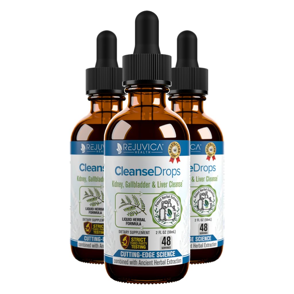 Rejuvica Health Cleanse Drops bottle on countertop for convenient detox support