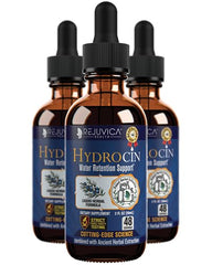 Rejuvica Health Hydrocin bottle pour demonstrating liquid delivery for hydration balance.