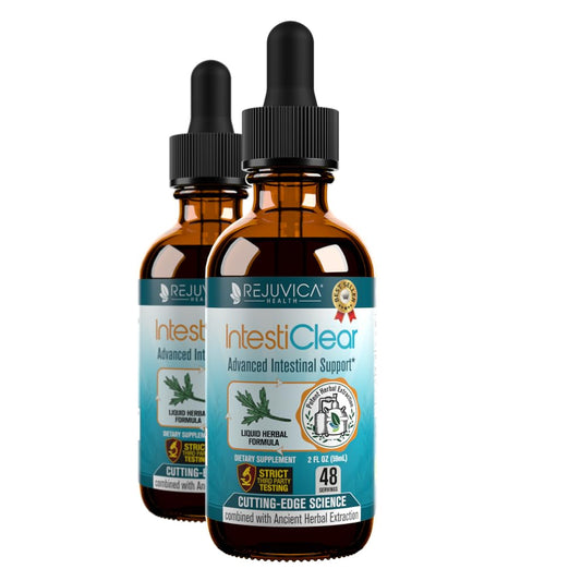 Rejuvica Health IntestiClear bottle with pour spout for easy daily dosing.
