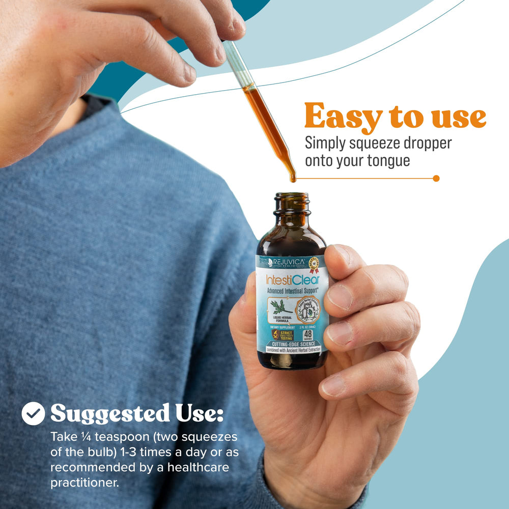 Rejuvica Health IntestiClear measuring dropper supports accurate dosing.