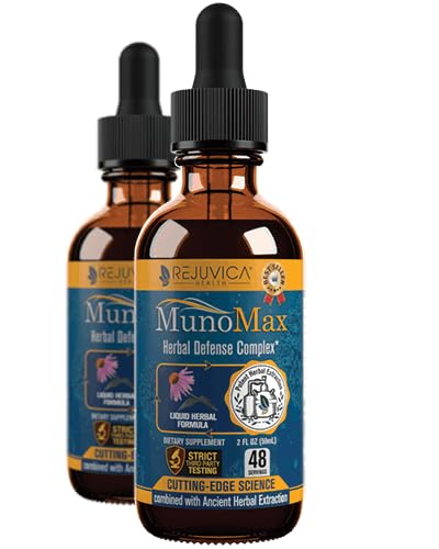 Rejuvica Health MunoMax bottle front highlighting liquid immune support benefits.