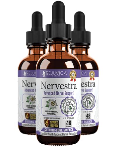 Rejuvica Health Nervestra bottle label highlights herbal nerve support blend.