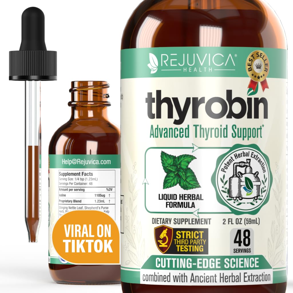 Rejuvica Health Thyrobin bottle front view highlighting liquid thyroid support.