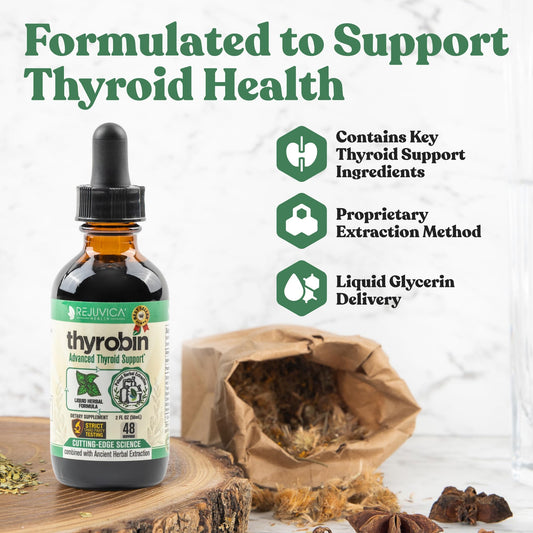 Thyrobin bottle pour demonstrates easy dropper use for daily support.