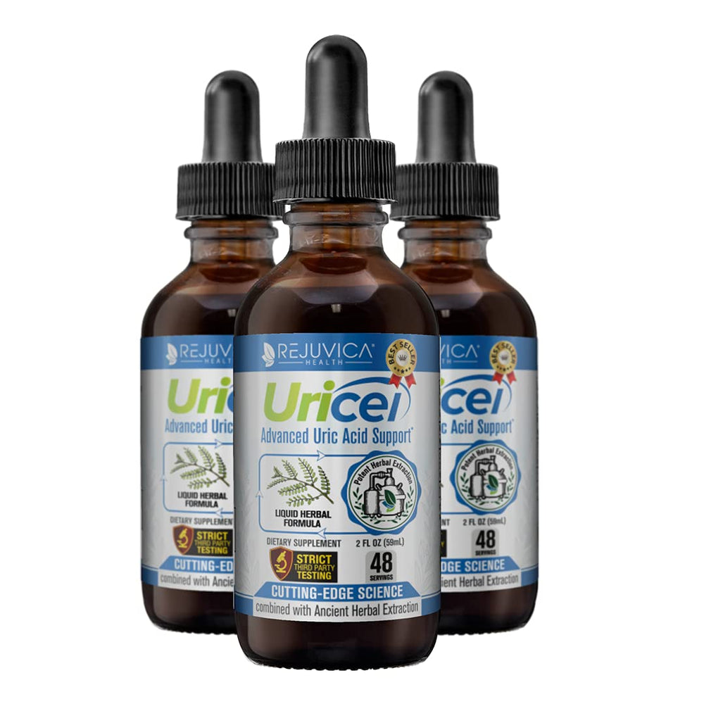 Rejuvica Health Uricel bottle pour showing fast-absorbing liquid formula