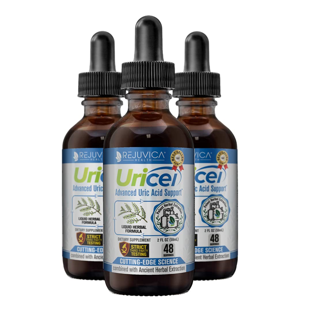 Rejuvica Health Uricel bottle pour showing fast-absorbing liquid formula