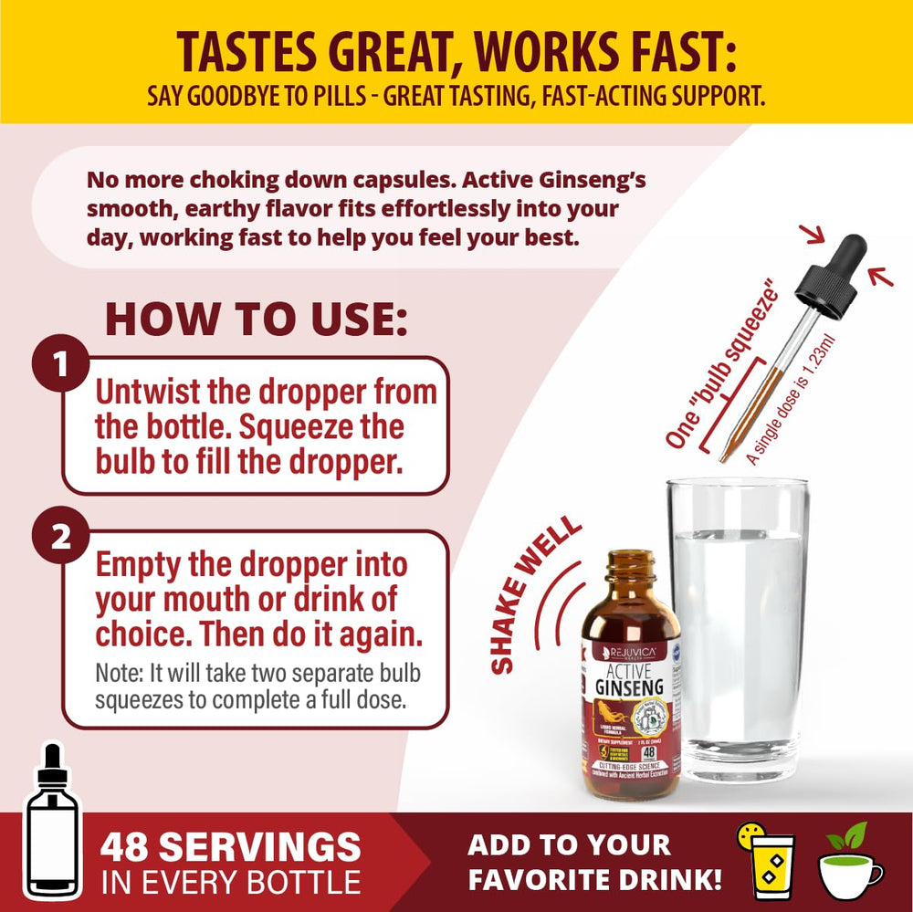 Rejuvica Health Active Ginseng liquid formula being poured for quick absorption
